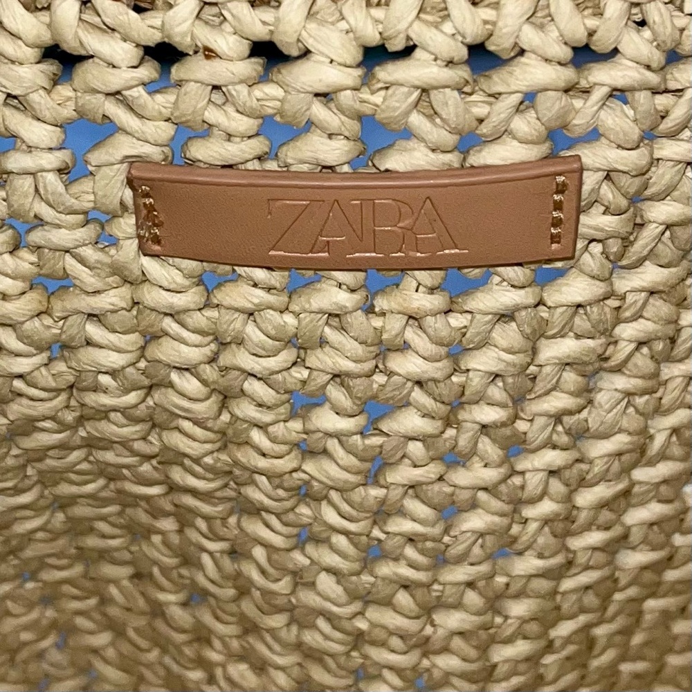 Zara Beige Woven Straw Crossbody Bag with Tan Leather Strap - Picture 8 of 11